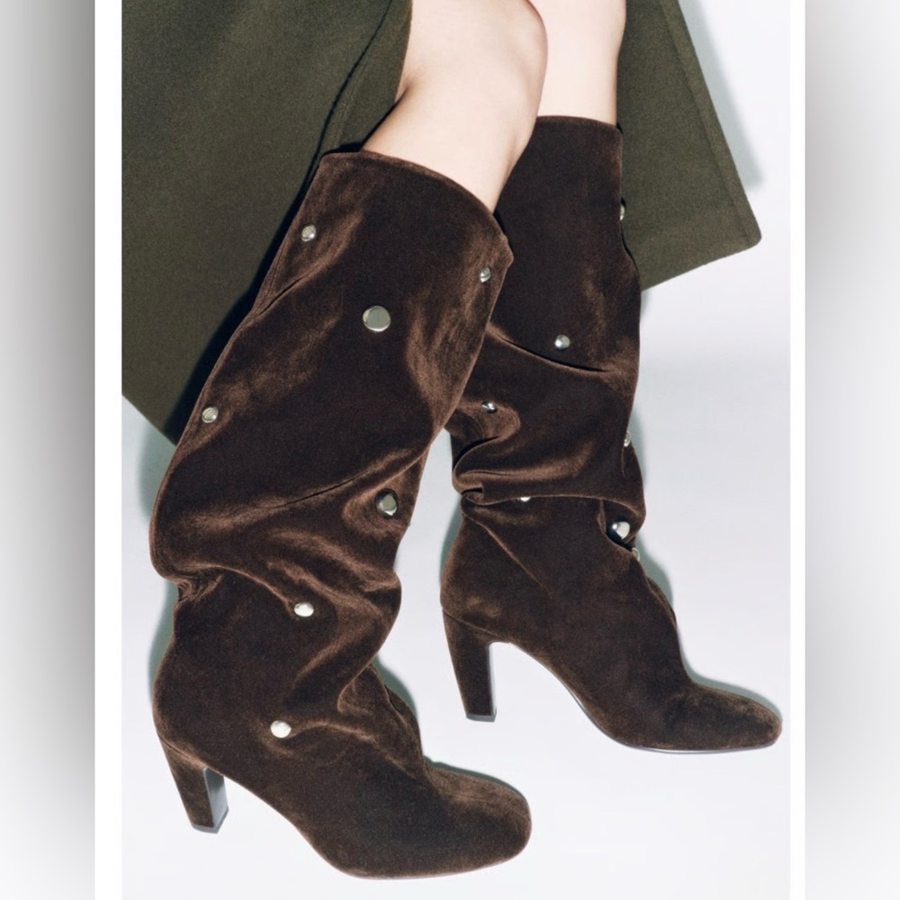 Zara Dark Brown Heeled Boots with Studs